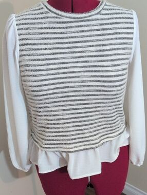 Emelia | Striped Knit & Ruffle Hem Long Sleeve Top - White/Black
